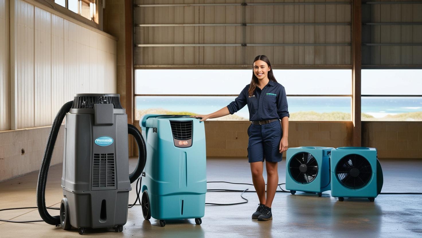 Woman standing next to commercial dehumidifiers and air movers in a spacious industrial setting Woman standing next to commercial dehumidifiers and air movers in a spacious industrial setting